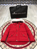 Moose Knuckles Red Hooded Puffer Jacket with White Plush Trim