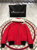 Moose Knuckles Red Hooded Bomber Jacket with White Plush Trim