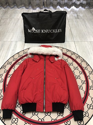 Moose Knuckles Red Hooded Bomber Jacket with White Plush Trim