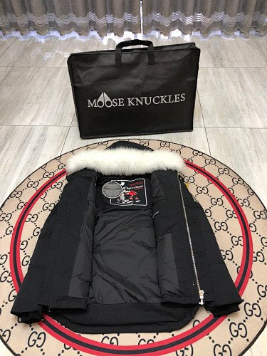 Moose Knuckles Black Hooded Puffer Jacket with White Plush Trim