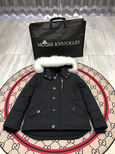 Moose Knuckles Black Hooded Puffer Jacket with White Plush Trim