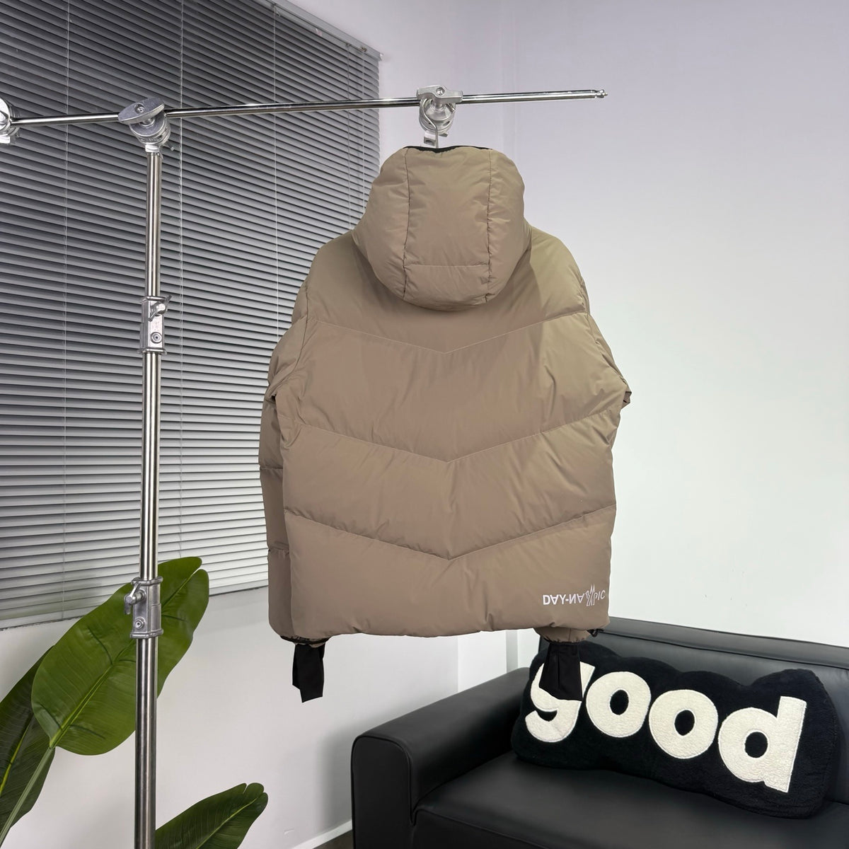 Moncler Khaki Beige Chevron Quilt Hooded Puffer Jacket