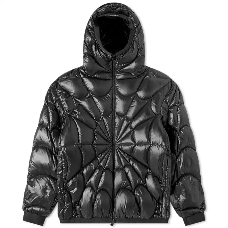 Moncler Black Glossy Spiderweb Quilt Hooded Puffer Jacket