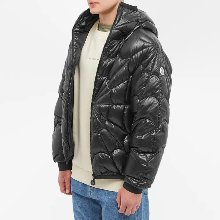 Moncler Black Glossy Spiderweb Quilt Hooded Puffer Jacket
