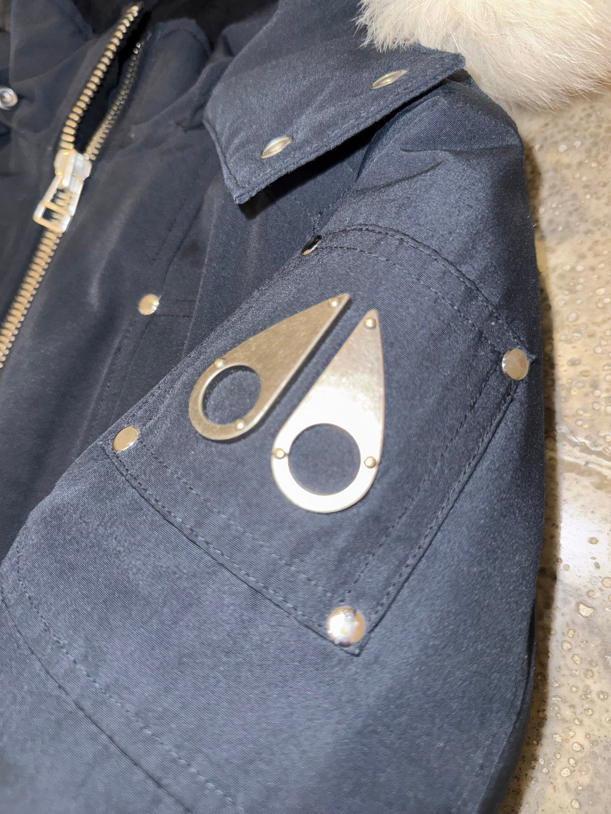 Moose Knuckles Navy Blue Contrast Trim Hooded Bomber Jacket