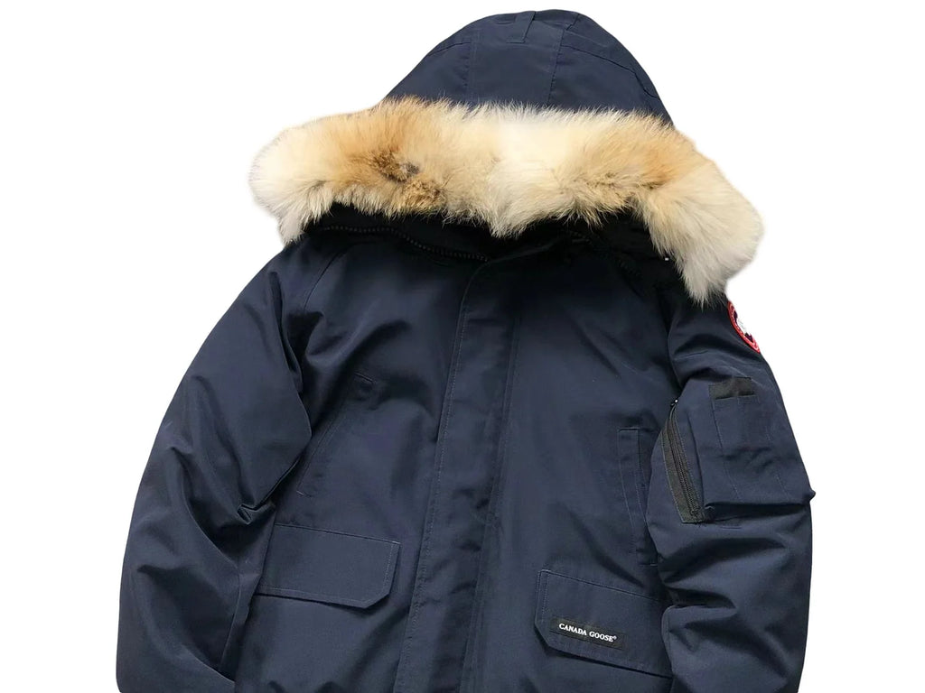 Canada Goose Navy Blue Hooded Bomber Jacket with Plush Trim