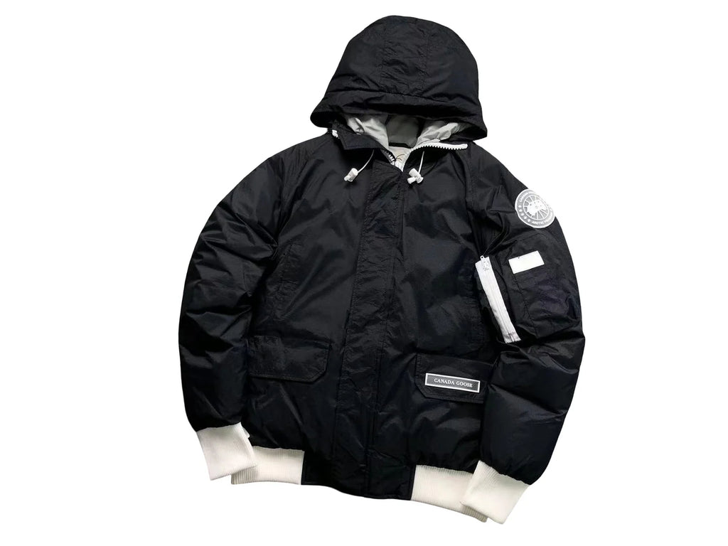 Canada Goose Black and White Contrast Trim Hooded Bomber Jacket