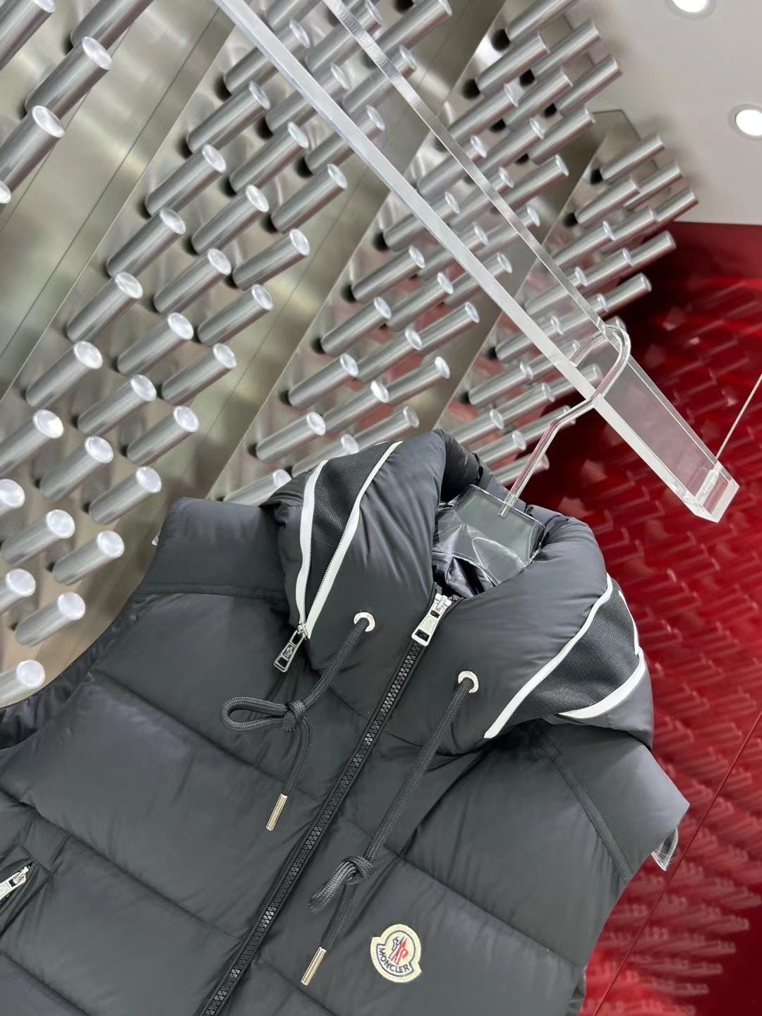 Moncler Charcoal Gray Logo Trim Hooded Puffer Vest