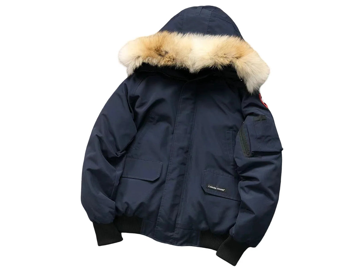 Canada Goose Navy Blue Hooded Bomber Jacket with Plush Trim