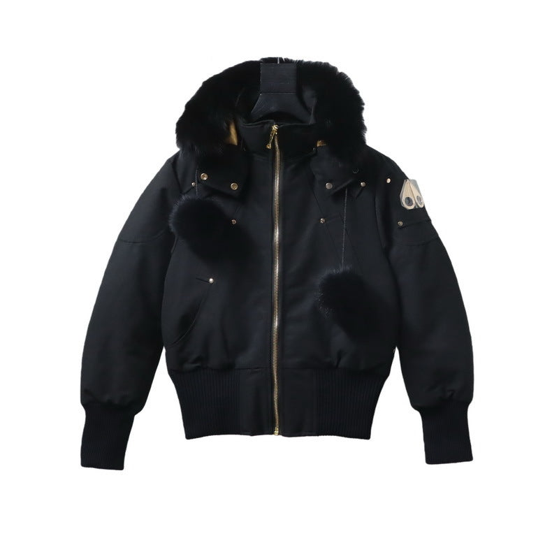 Moose Knuckles Black Plush Trim Hooded Bomber Jacket with Pom-Poms