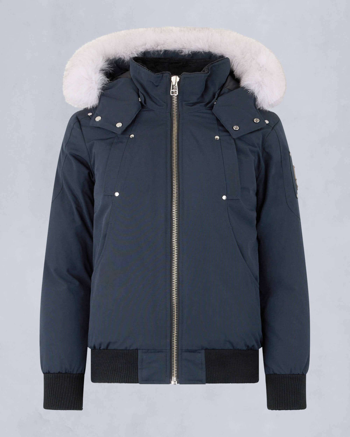 Moose Knuckles Navy Blue Contrast Trim Hooded Bomber Jacket