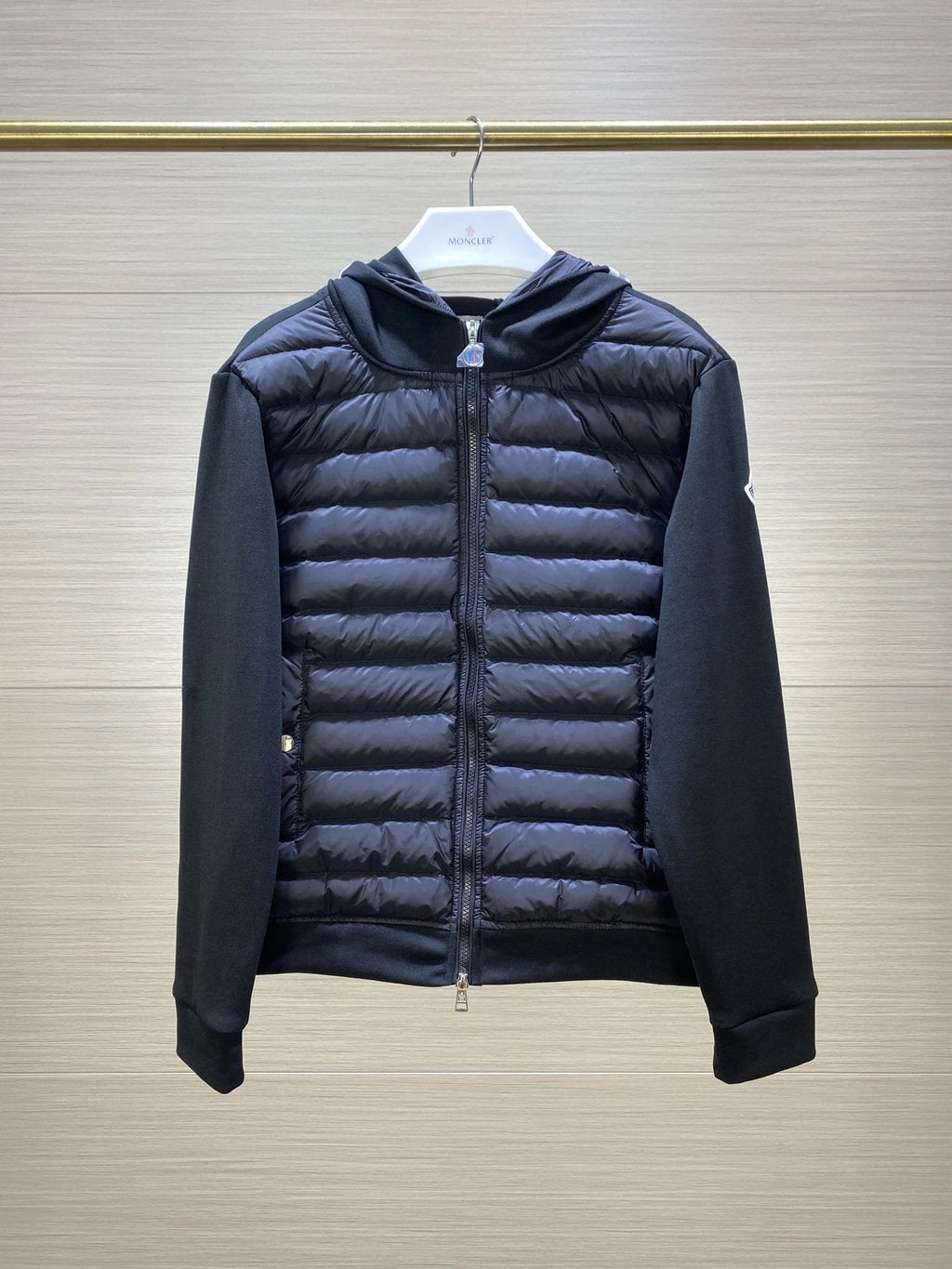 Moncler Black Contrast Stripe Hooded Hybrid Jacket
