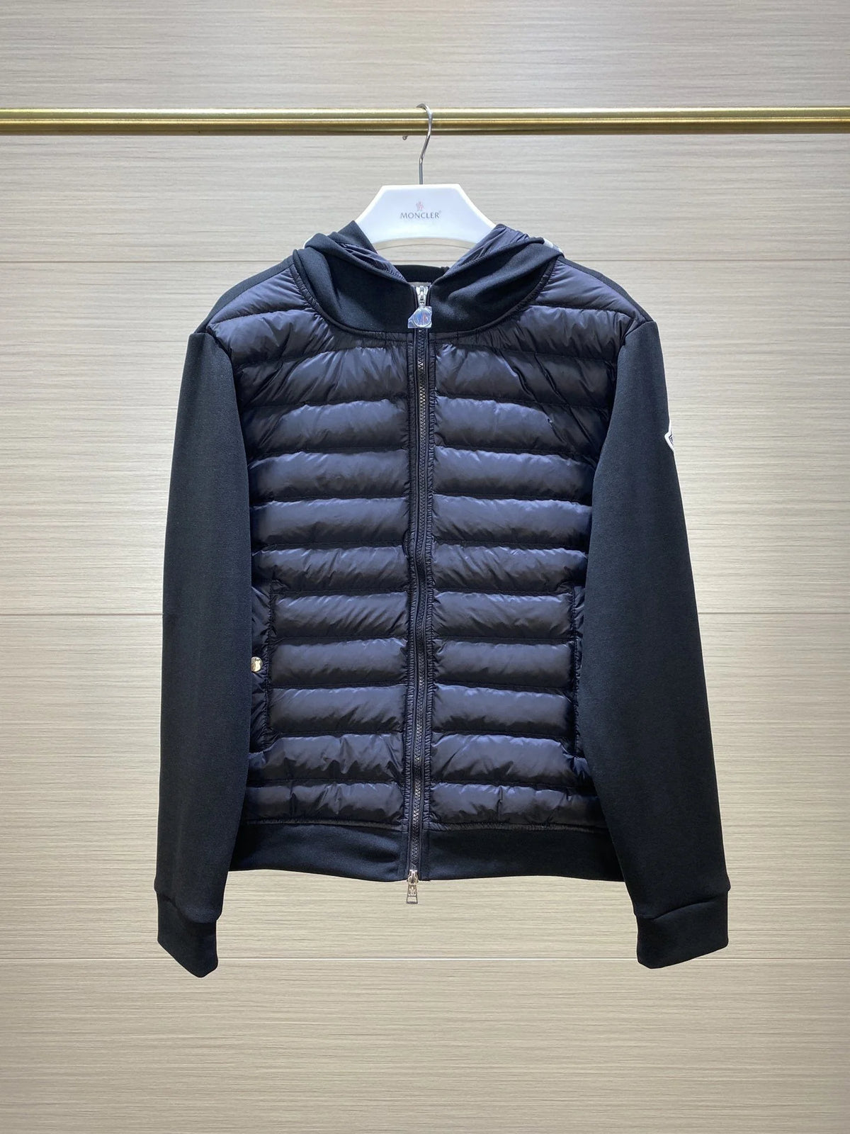 Moncler Black Contrast Stripe Hooded Hybrid Jacket