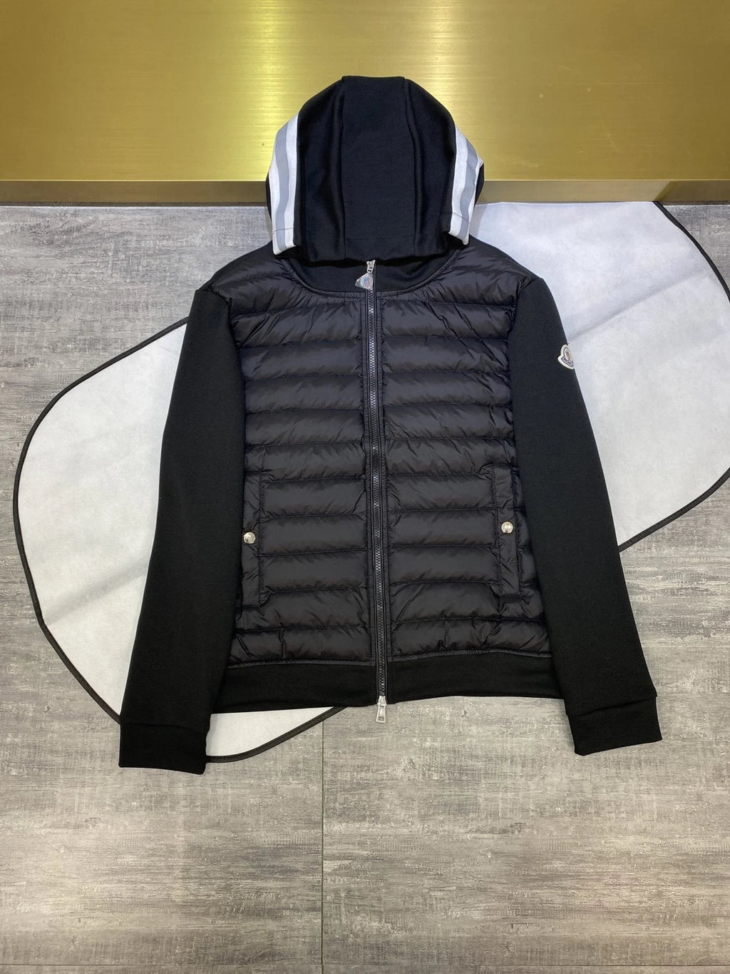 Moncler Black Contrast Stripe Hooded Hybrid Jacket