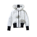 Moose Knuckles White and Black Cropped Pom-Pom Hooded Bomber Jacket