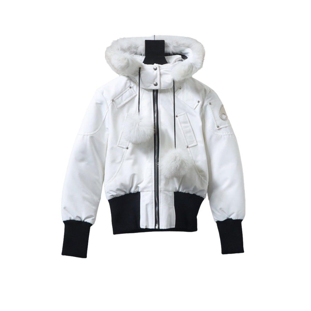 Moose Knuckles White and Black Cropped Pom-Pom Hooded Bomber Jacket