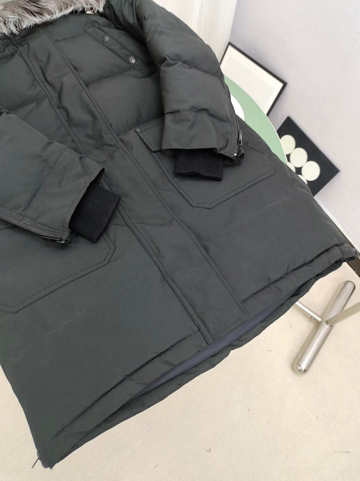 Moose Knuckles Charcoal Gray Long Quilted Hooded Parka