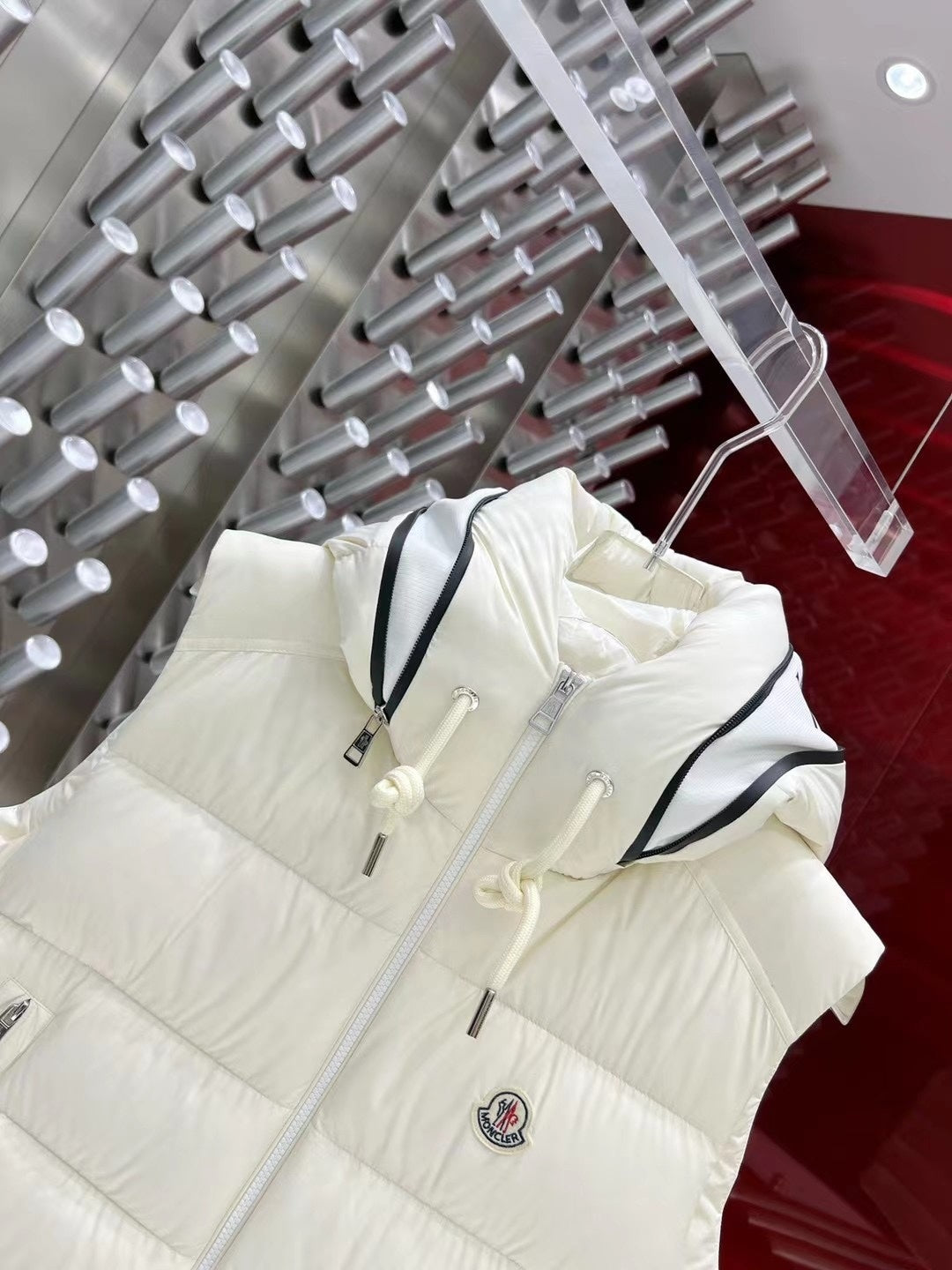 Moncler White Logo Trim Hooded Puffer Vest