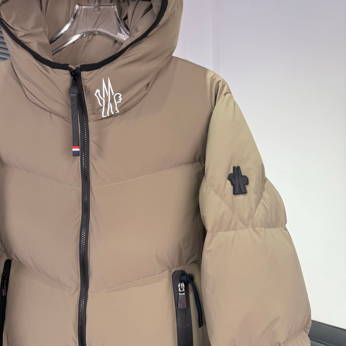 Moncler Khaki Beige Chevron Quilt Hooded Puffer Jacket