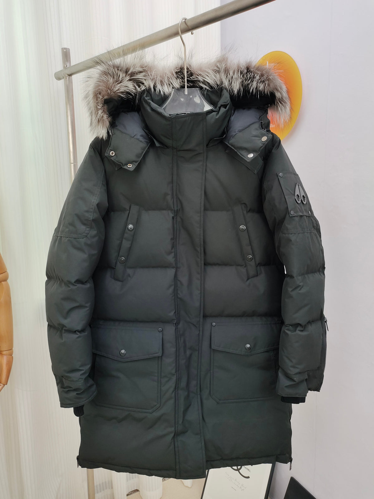Moose Knuckles Charcoal Gray Long Quilted Hooded Parka