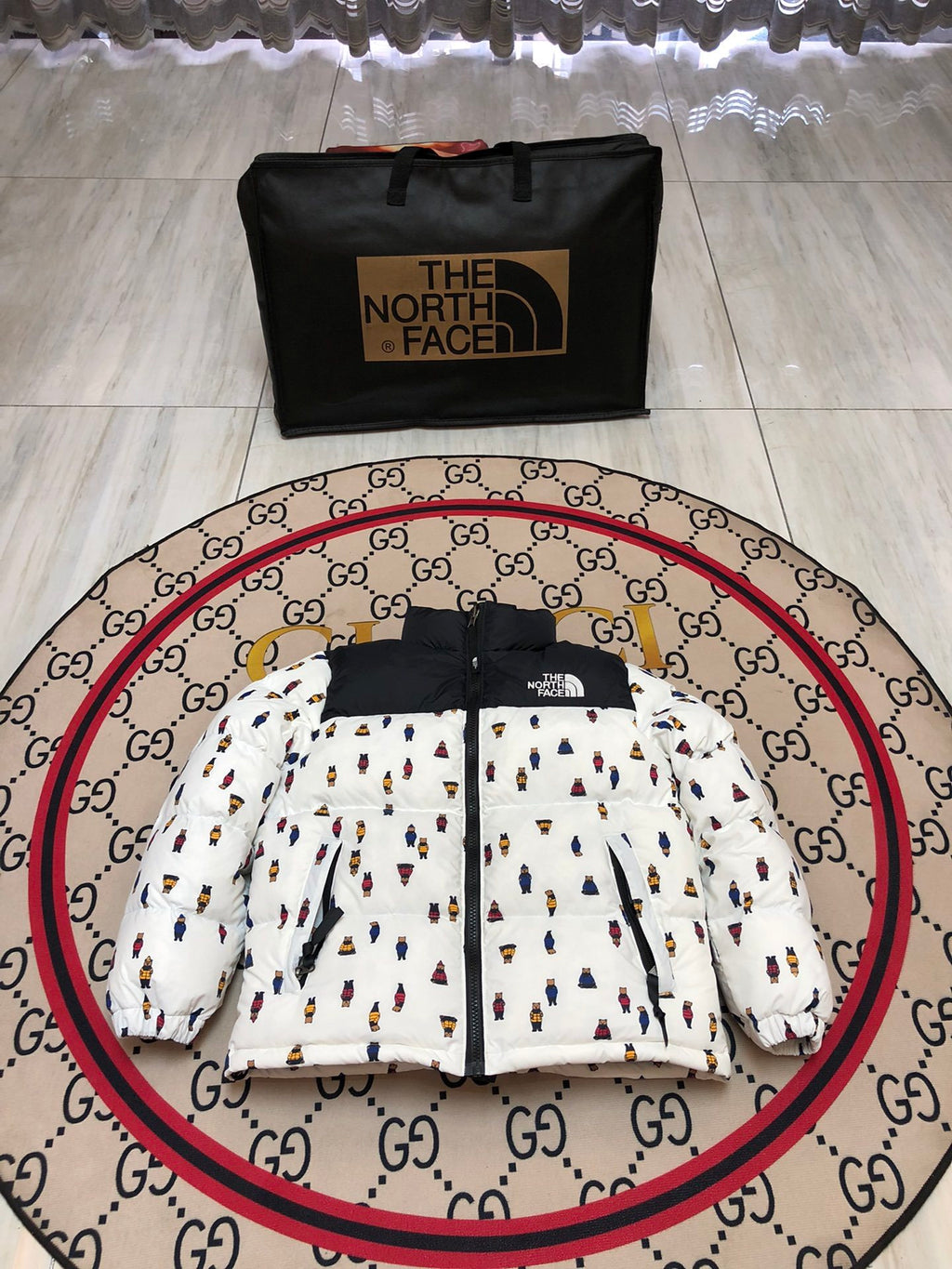 The North Face White and Black Bear Print Puffer Jacket