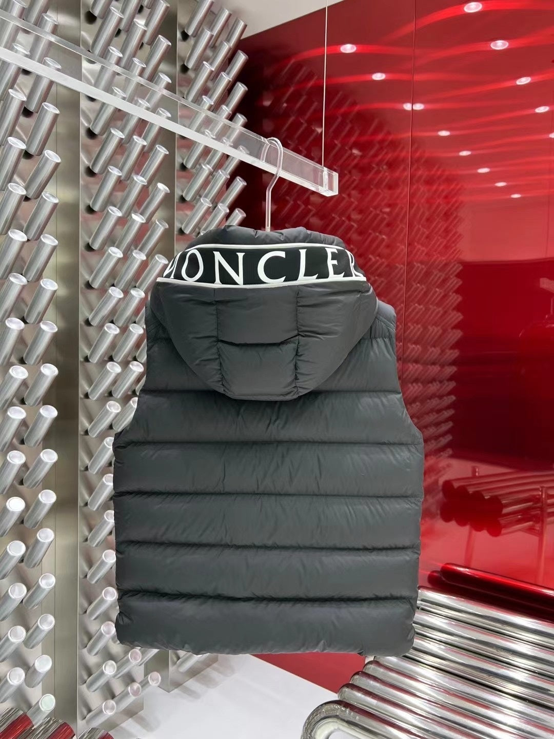 Moncler Charcoal Gray Logo Trim Hooded Puffer Vest