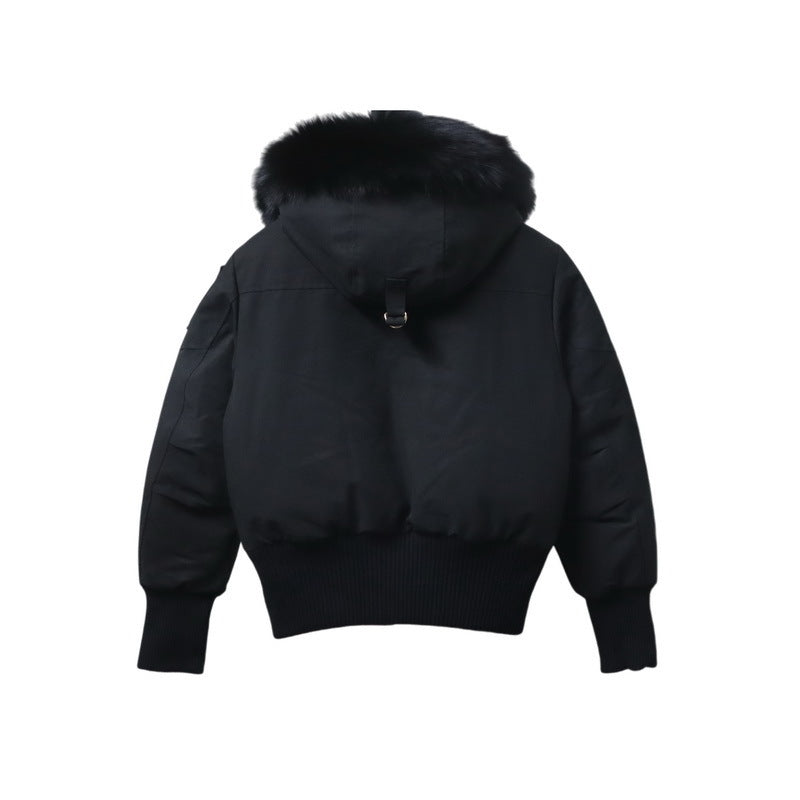 Moose Knuckles Black Plush Trim Hooded Bomber Jacket with Pom-Poms